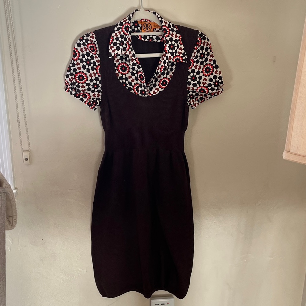 Tory Burch Brown Dress with built in Geometric Collar and sleeves
